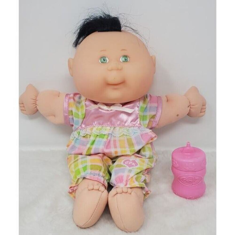 Cabbage Patch Girl Doll Genuine Plaid Outfight Bright Green Eyes‎ 1996 W/ Bottle